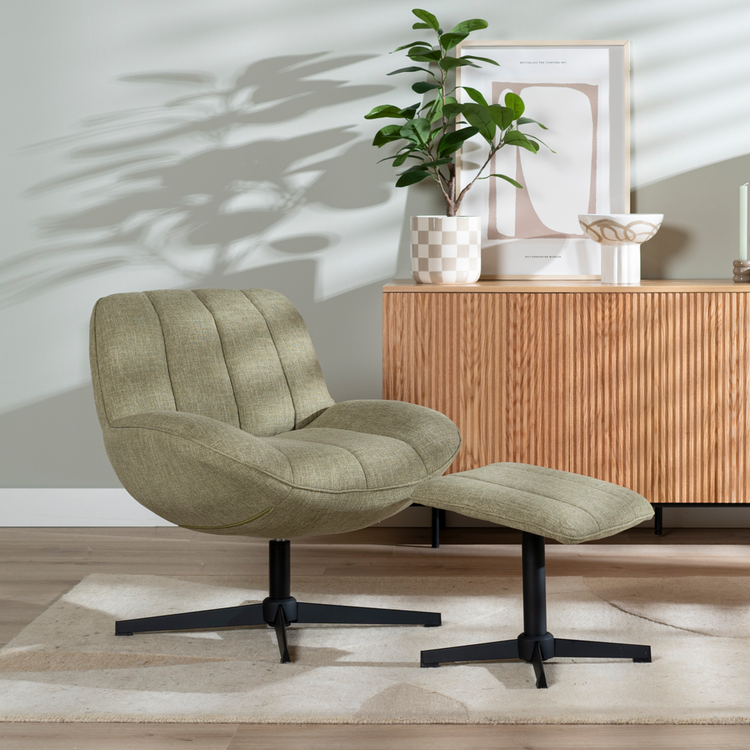 Fauteuil pivotant avec pouf Santa tissu lin vert olive