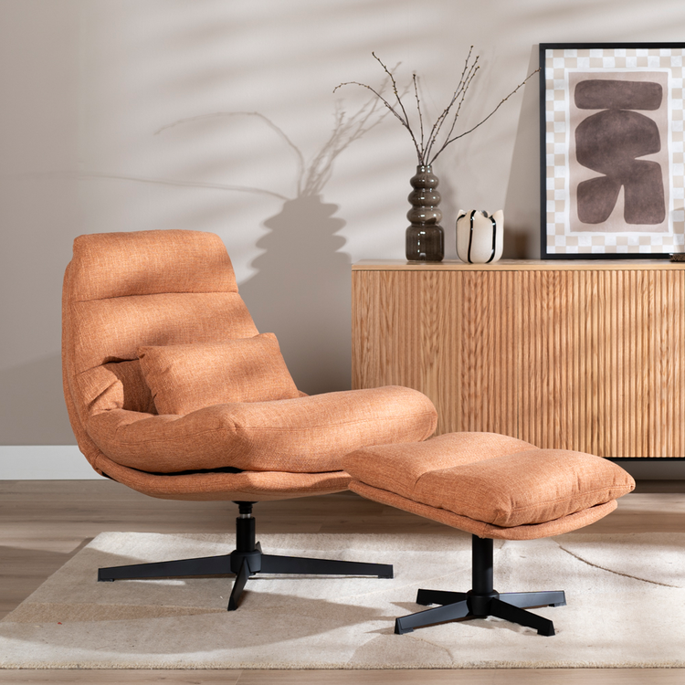 Fauteuil pivotant avec pouf Cristo tissu lin orange cuivre