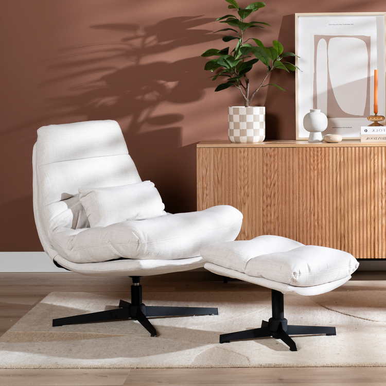 Fauteuil pivotant avec pouf Cristo tissu lin blanc cassé