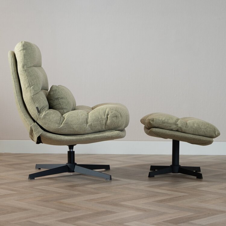 Fauteuil pivotant avec pouf Cristo tissu lin vert olive