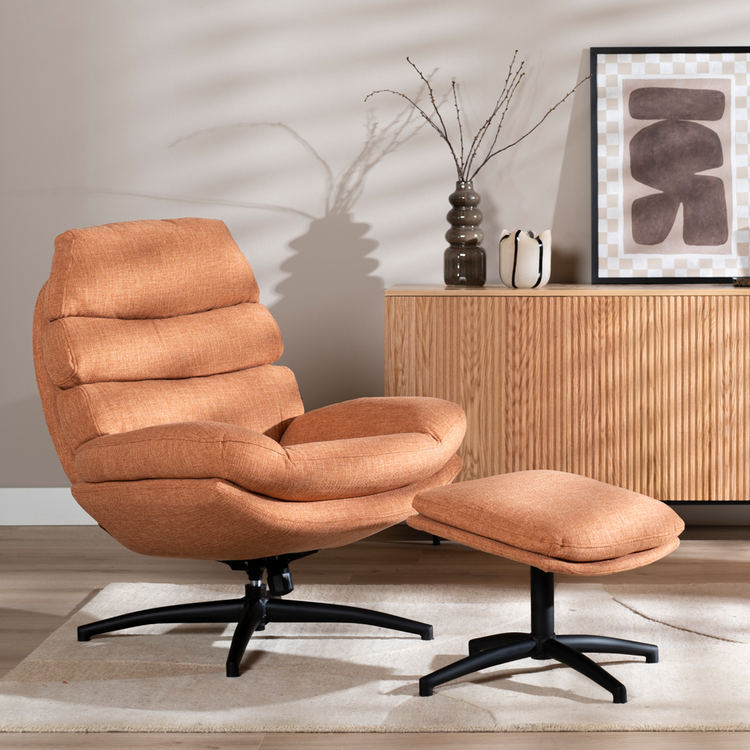 Fauteuil pivotant avec pouf Palma tissu lin orange cuivre