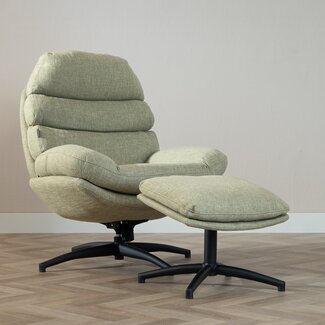 Fauteuil pivotant avec pouf Palma tissu lin vert olive