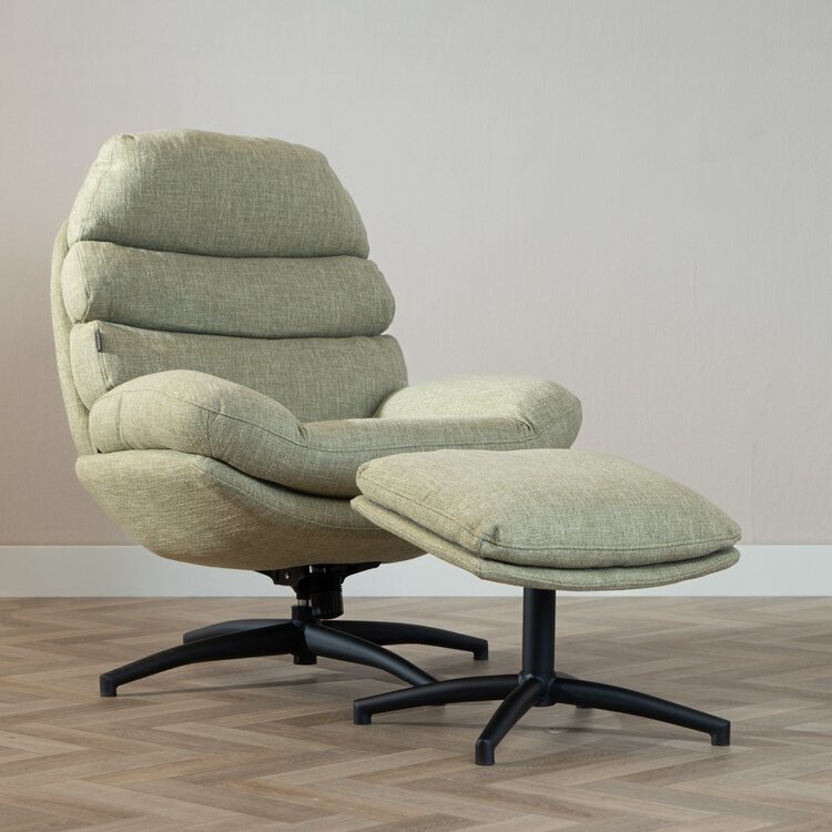 Fauteuil pivotant avec pouf Palma tissu lin vert olive