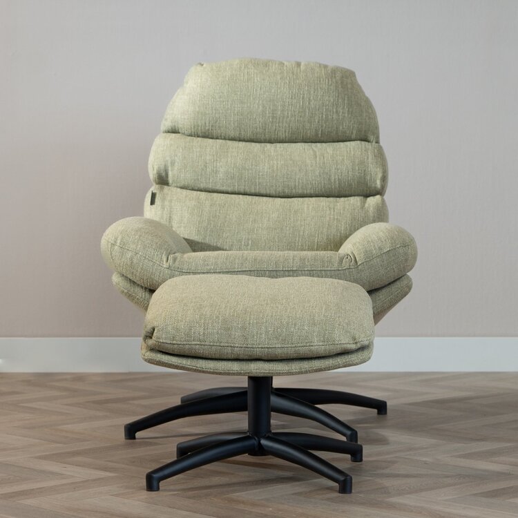 Fauteuil pivotant avec pouf Palma tissu lin vert olive