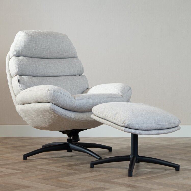 Fauteuil pivotant avec pouf Palma tissu lin taupe