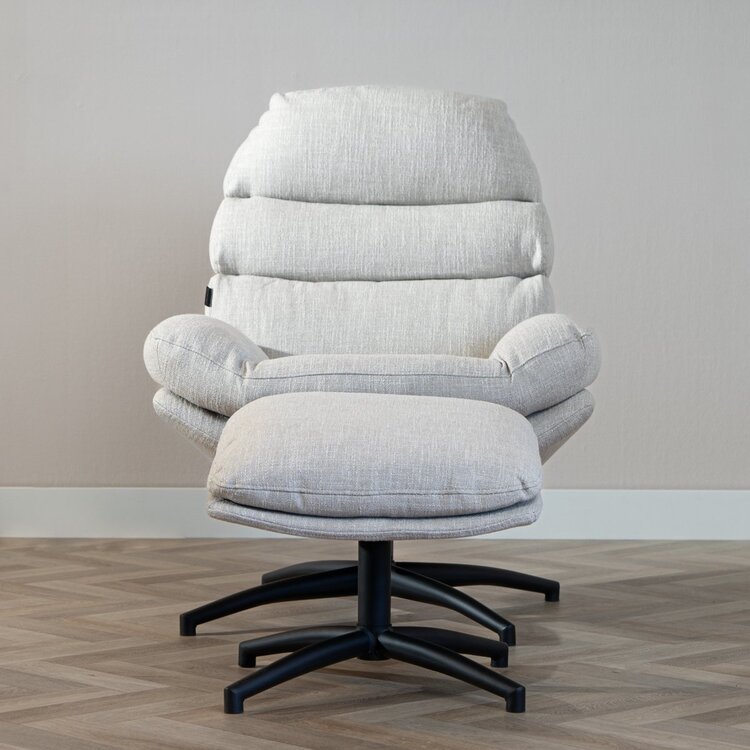 Fauteuil pivotant avec pouf Palma tissu lin taupe