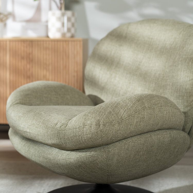 Fauteuil pivotant avec pouf Isobel tissu lin vert olive