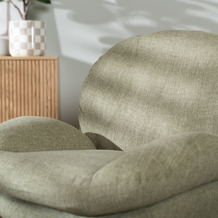 Fauteuil pivotant avec pouf Isobel tissu lin vert olive