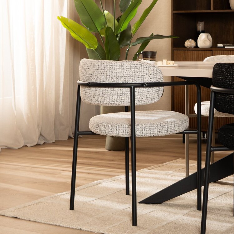 Chaise de salle à manger Nicky tissu chiné blanc cassé/noir