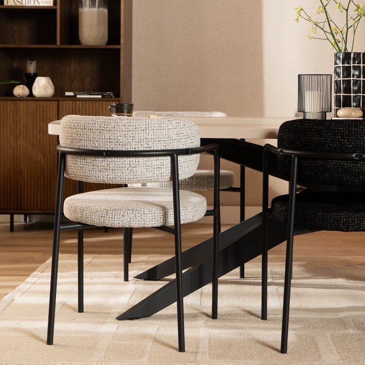 Chaise de salle à manger Nicky tissu chiné blanc cassé/noir