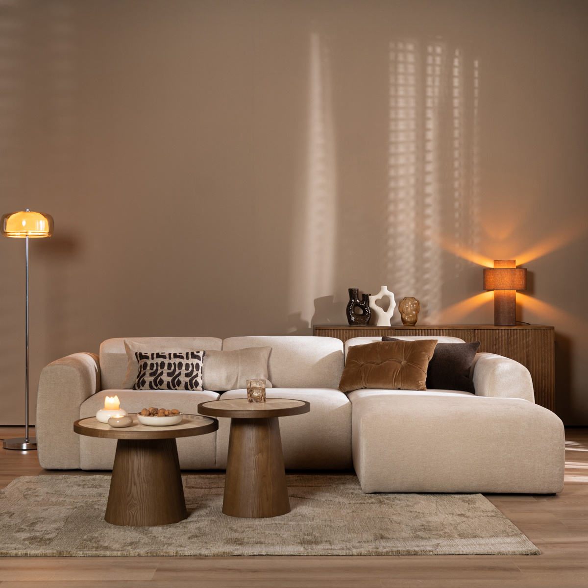 Canapé d’angle droit Maine en tissu chenille beige