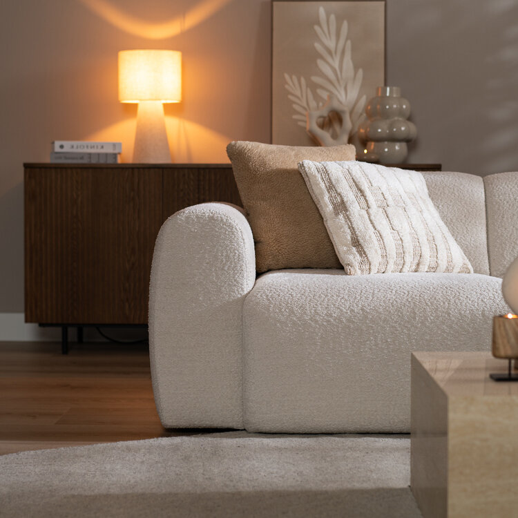 Canapé d’angle droit Maine en tissu bouclé blanc cassé