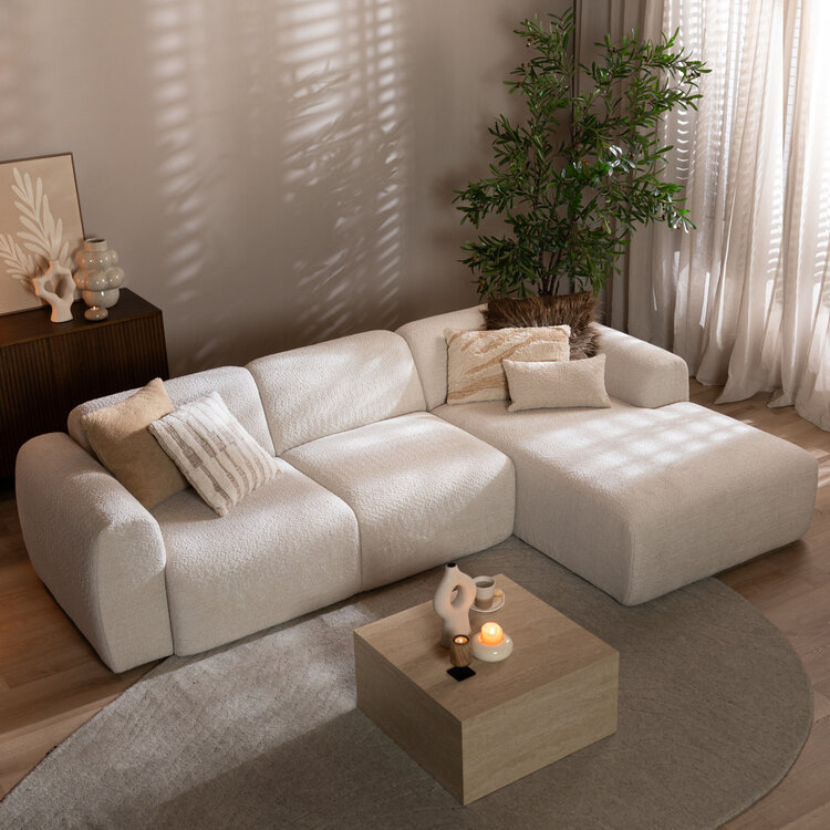 Canapé d’angle droit Maine en tissu bouclé blanc cassé