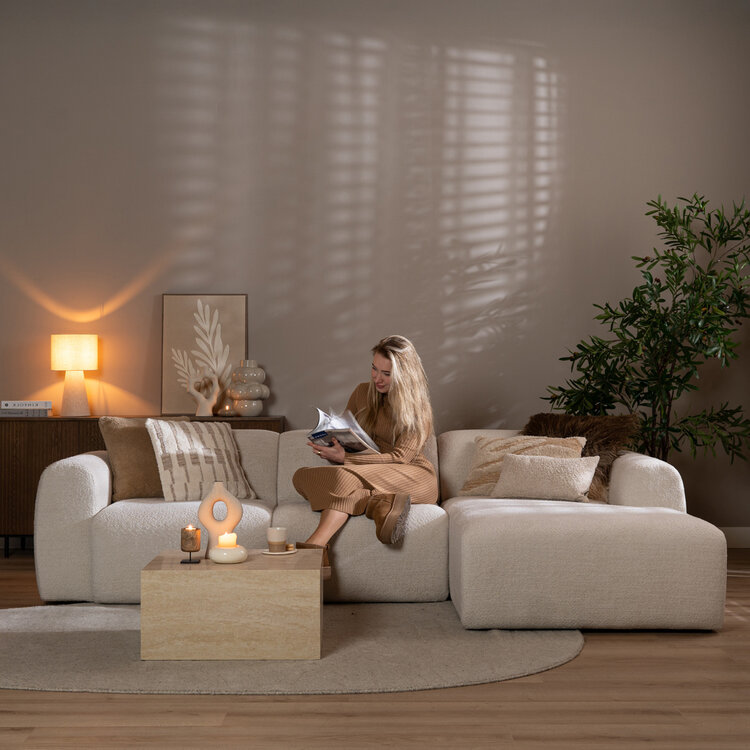 Canapé d’angle droit Maine en tissu bouclé blanc cassé