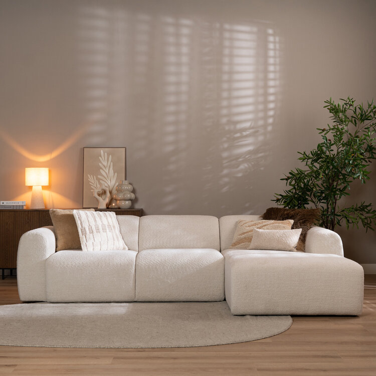 Canapé d’angle droit Maine en tissu bouclé blanc cassé