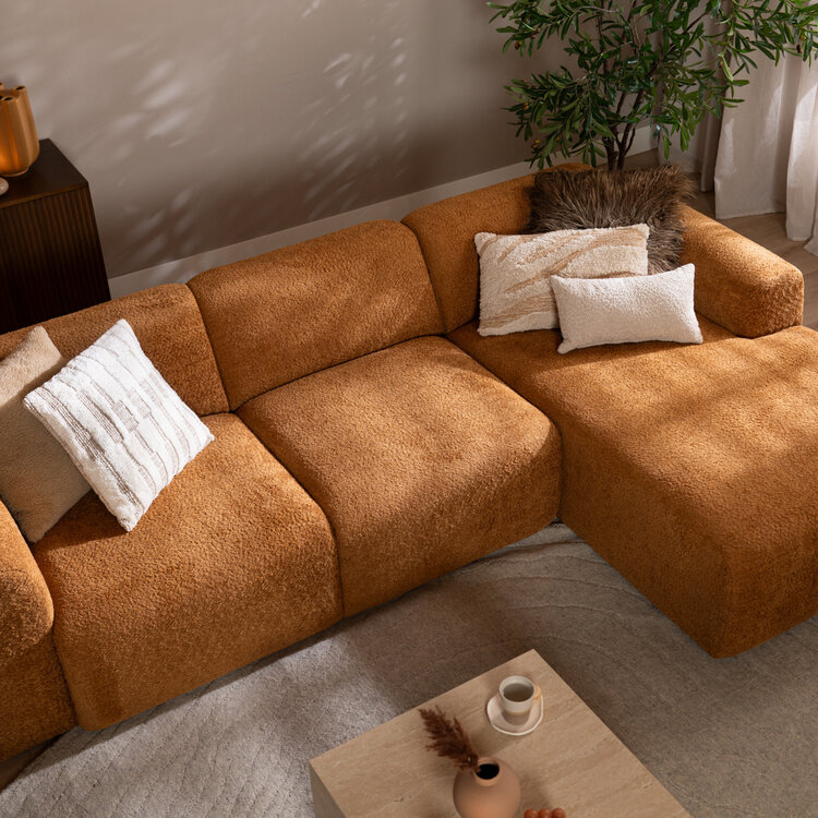 Canapé d’angle droit Maine en tissu bouclé terracotta