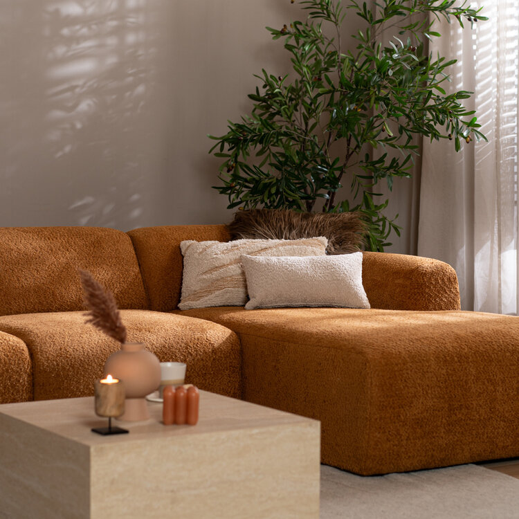 Canapé d’angle droit Maine en tissu bouclé terracotta