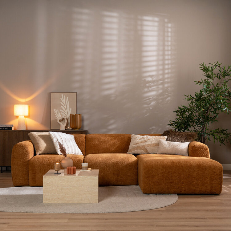 Canapé d’angle droit Maine en tissu bouclé terracotta