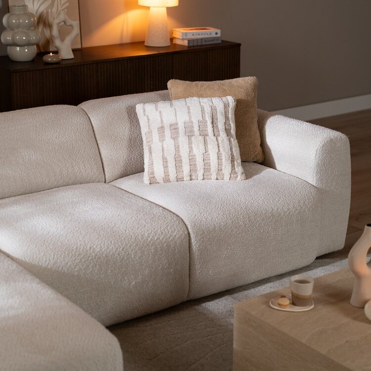 Canapé d’angle gauche Maine en tissu bouclé blanc cassé