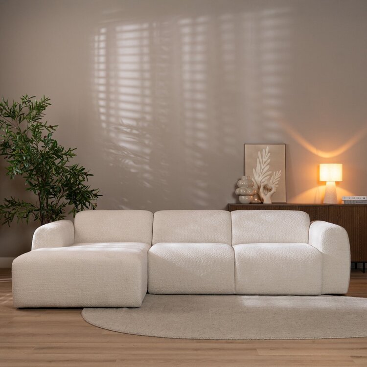 Canapé d’angle gauche Maine en tissu bouclé blanc cassé