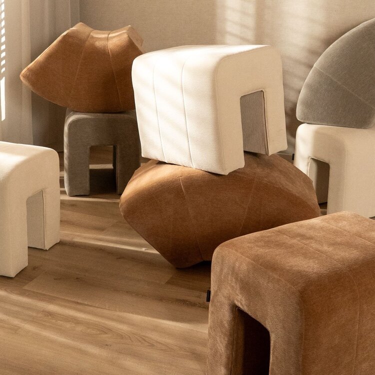 Pouf d'angle modulaire Seth en chenille blanc cassé