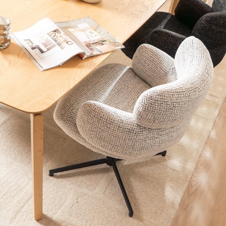 Chaise de salle à manger Coco en tissu chiné blanc cassé/noir