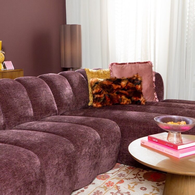 Canapé d’angle droit Luca en tissu chenille violet