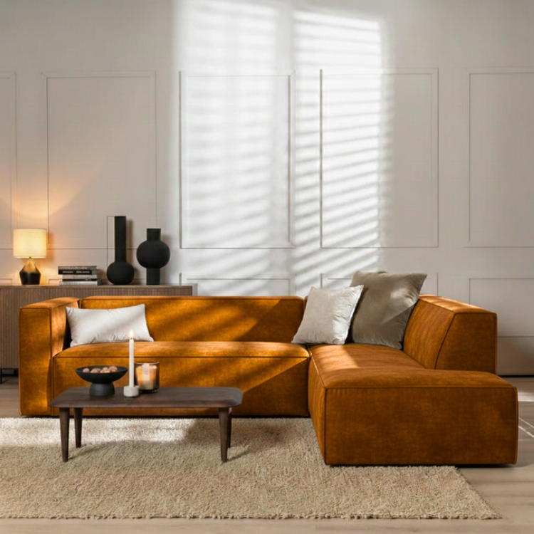 Canapé d'angle en velours Memphis cognac droit