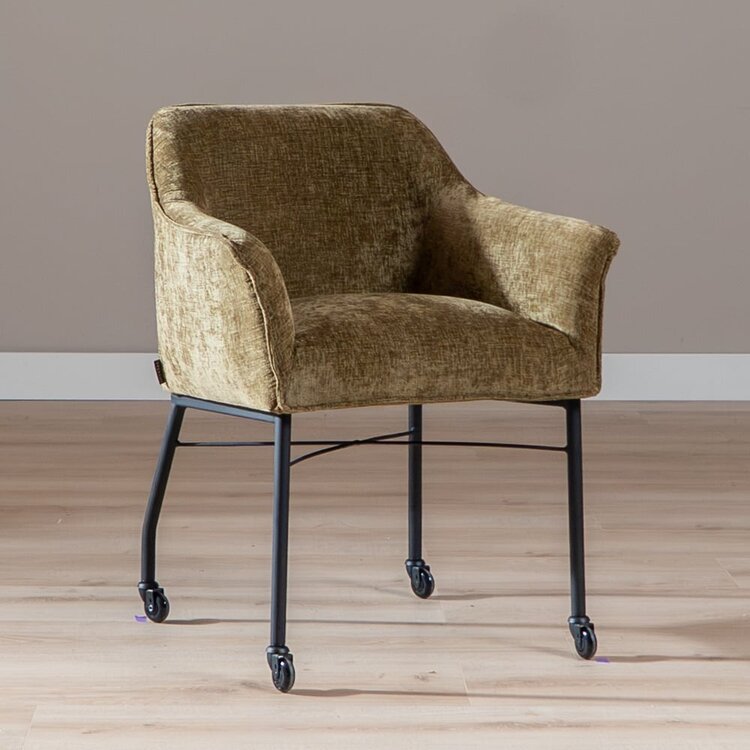 Chaise de salle à manger avec roulettes Enzo chenille olive