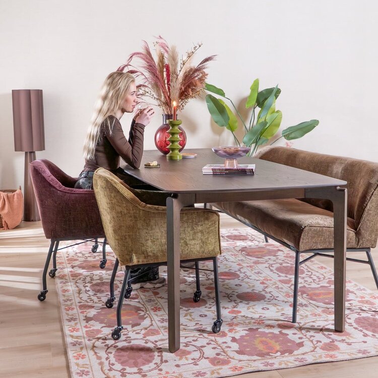 Chaise de salle à manger avec roulettes Enzo chenille olive