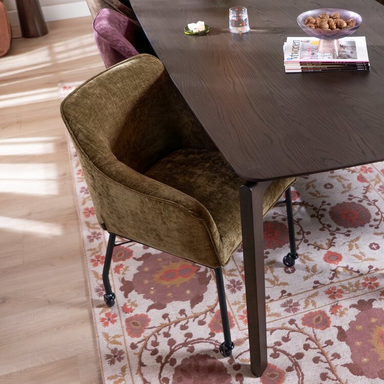 Chaise de salle à manger avec roulettes Enzo chenille olive