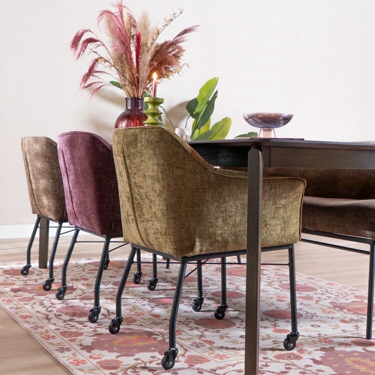 Chaise de salle à manger avec roulettes Enzo chenille olive