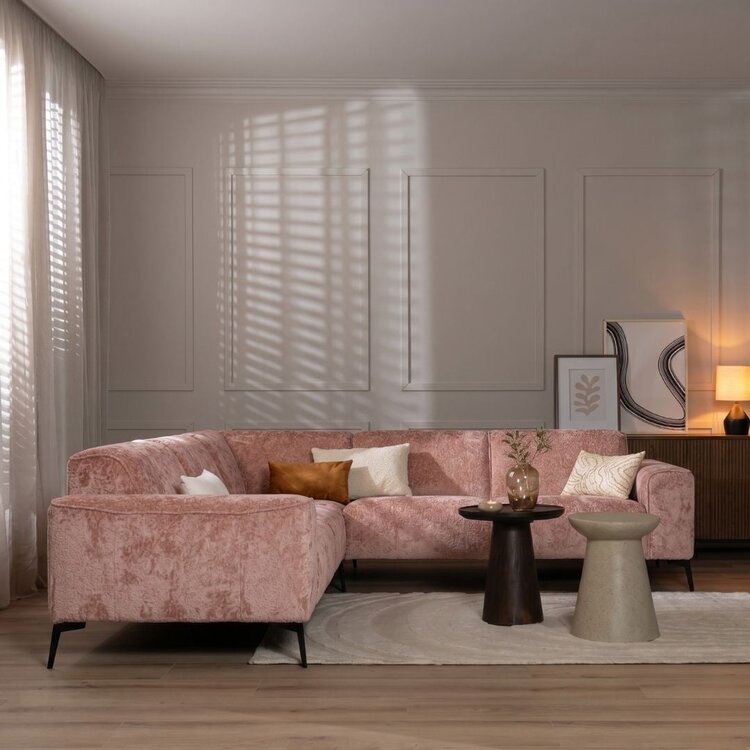 Canapé d'angle scandinave Vegas rose tissu chenille gauche/droit