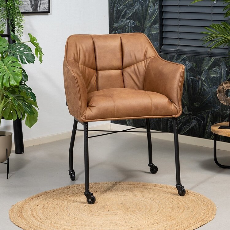 Chaise de salle à manger à roulettes Royce éco-cuir cognac