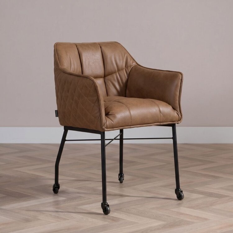 Chaise de salle à manger à roulettes Royce éco-cuir cognac