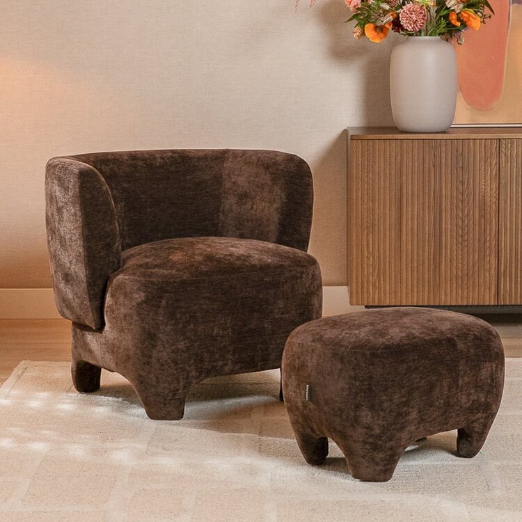 Fauteuil avec pouf Emma velours brun