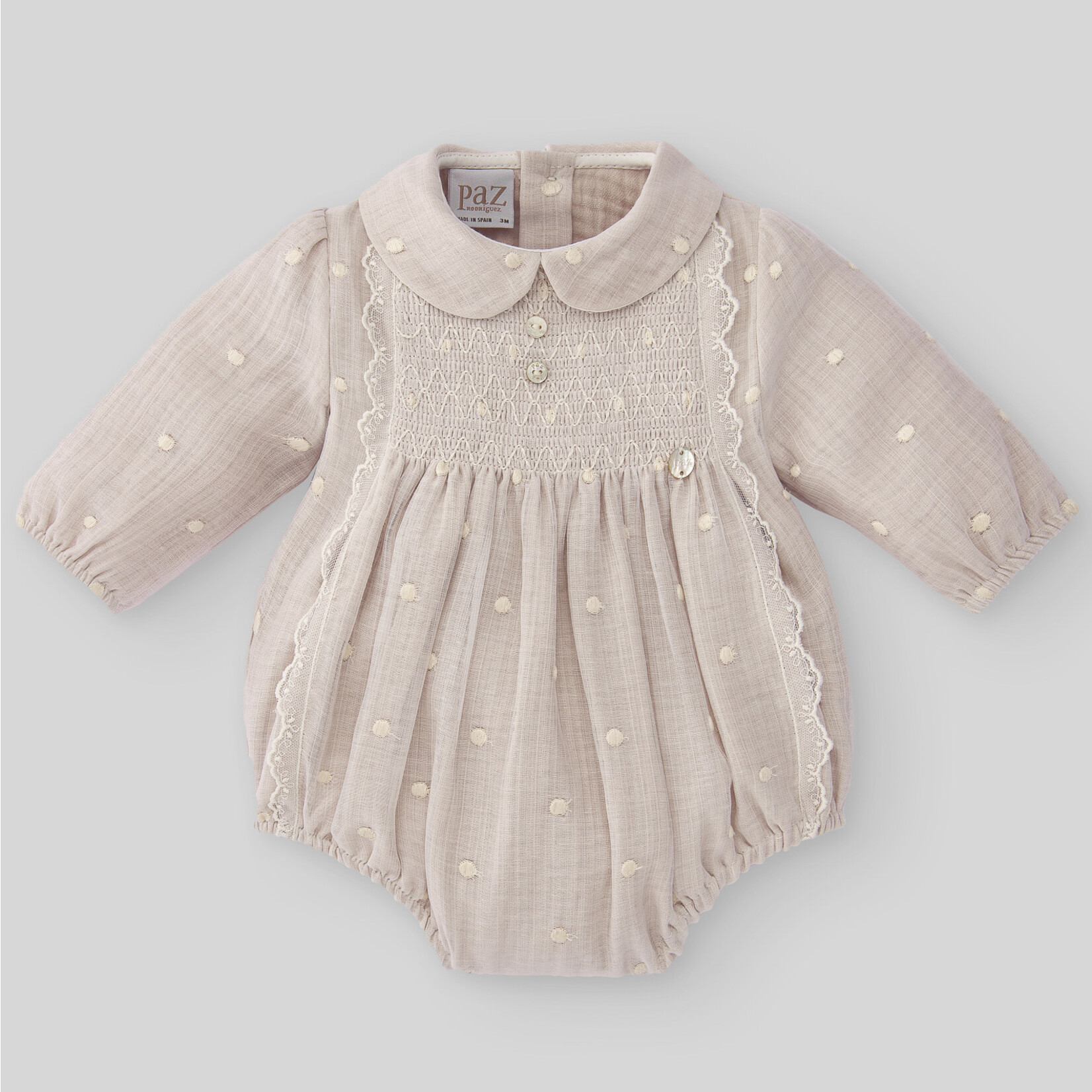 Paz Rodriguez WOVEN NEWBORN ROMPER "OPERA"_Linen