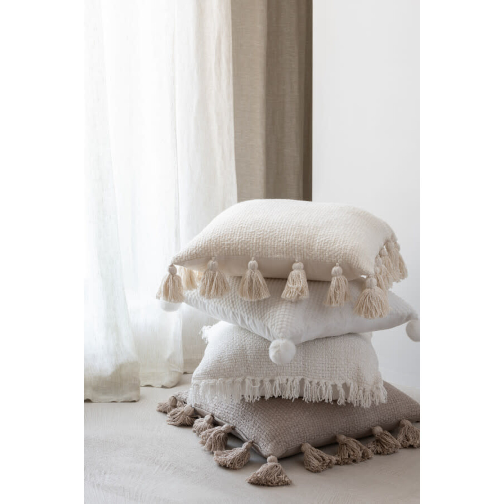 Kussen Gewoven Kwasten Katoen Beige