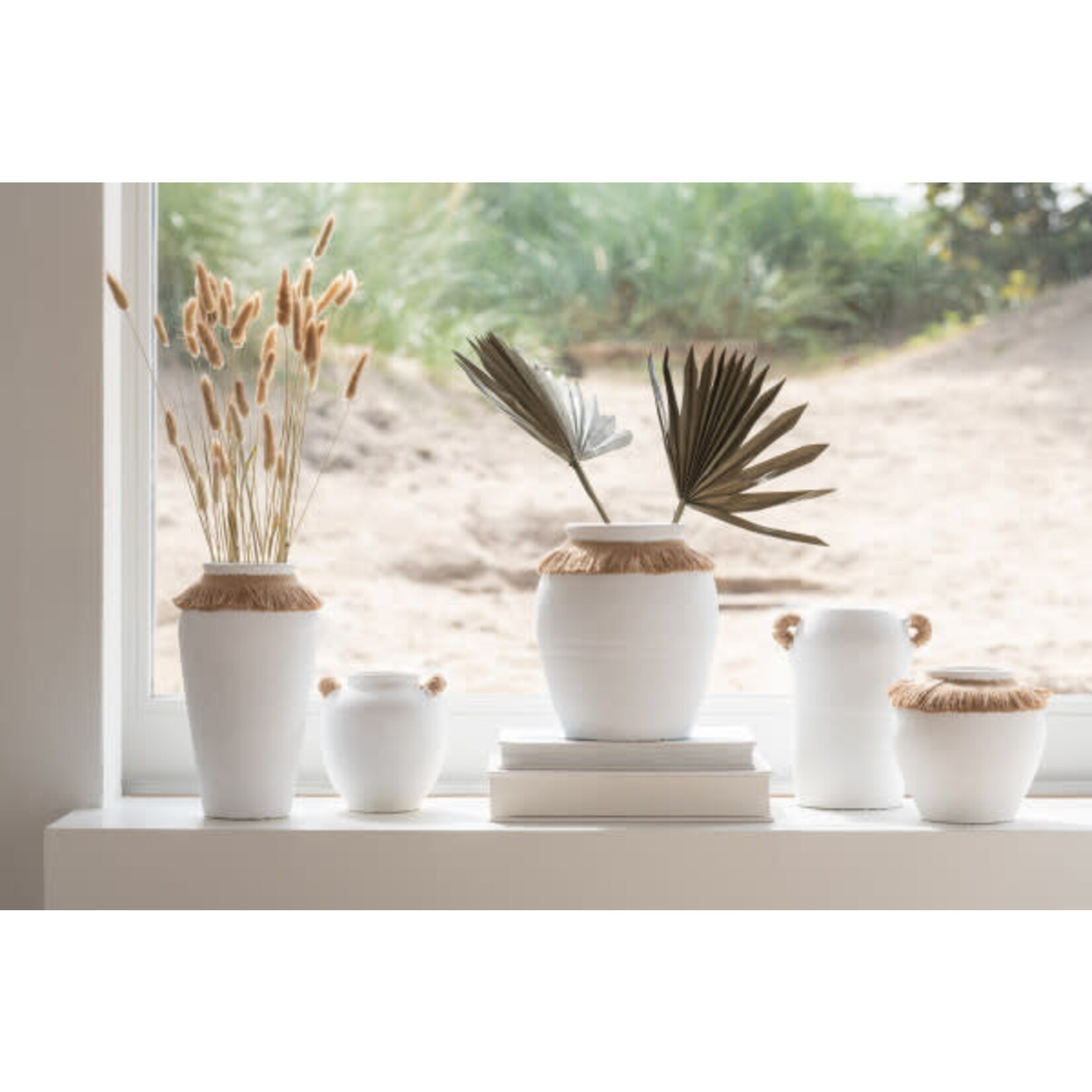 J-Line Vaas Ibiza Klei/Riet Wit/Naturel Medium