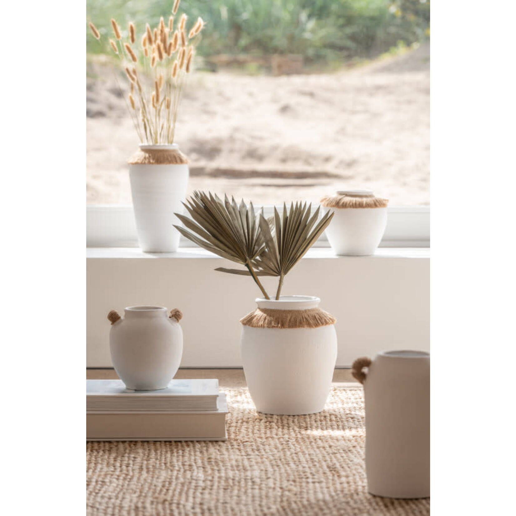 J-Line Vaas Ibiza Klei/Riet Wit/Naturel Medium