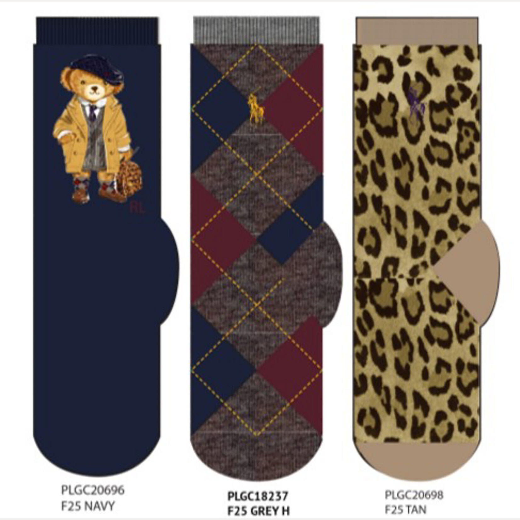 Ralph Lauren BCK SCHL BR-CREW SOCK-3 PACK NAVY/GREY H/ TAN