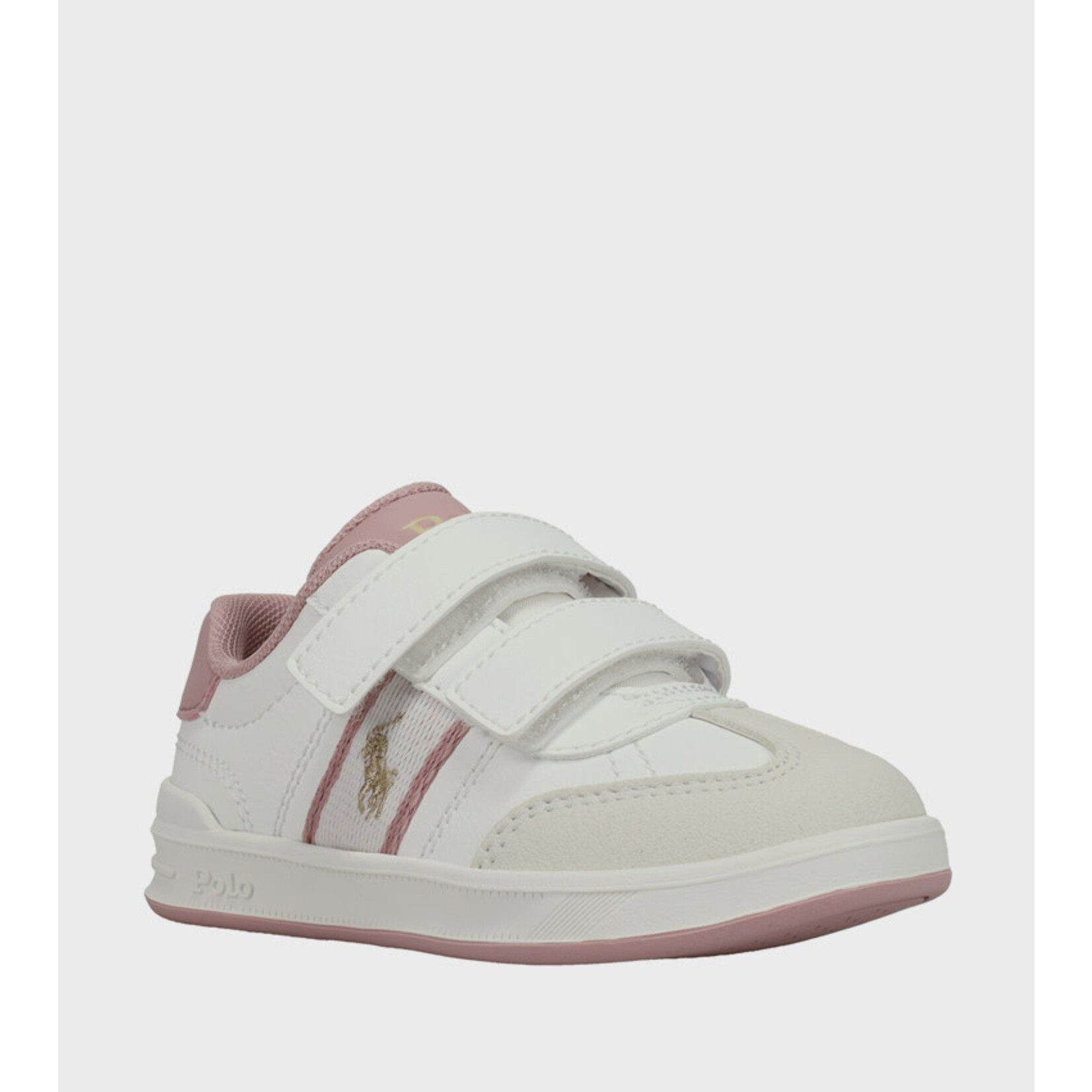 Ralph Lauren HERITAGE COURT III T-TOE EZ WHITE SMOOTH/BLUSH PINK w/ GOLD