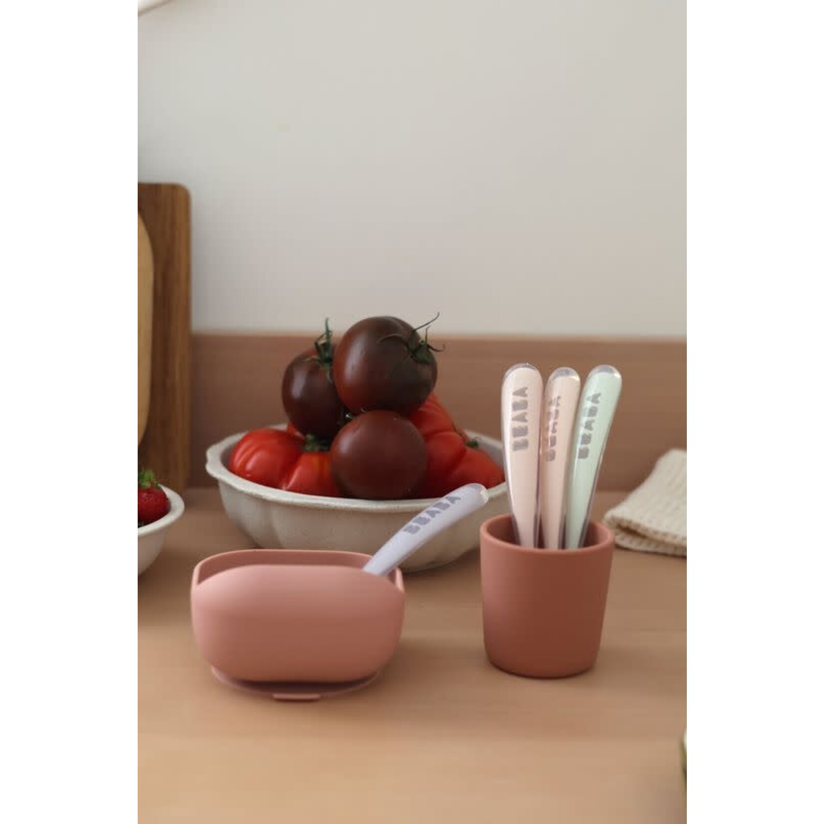 Béaba 1e fase 4 siliconen lepelset roze pastel