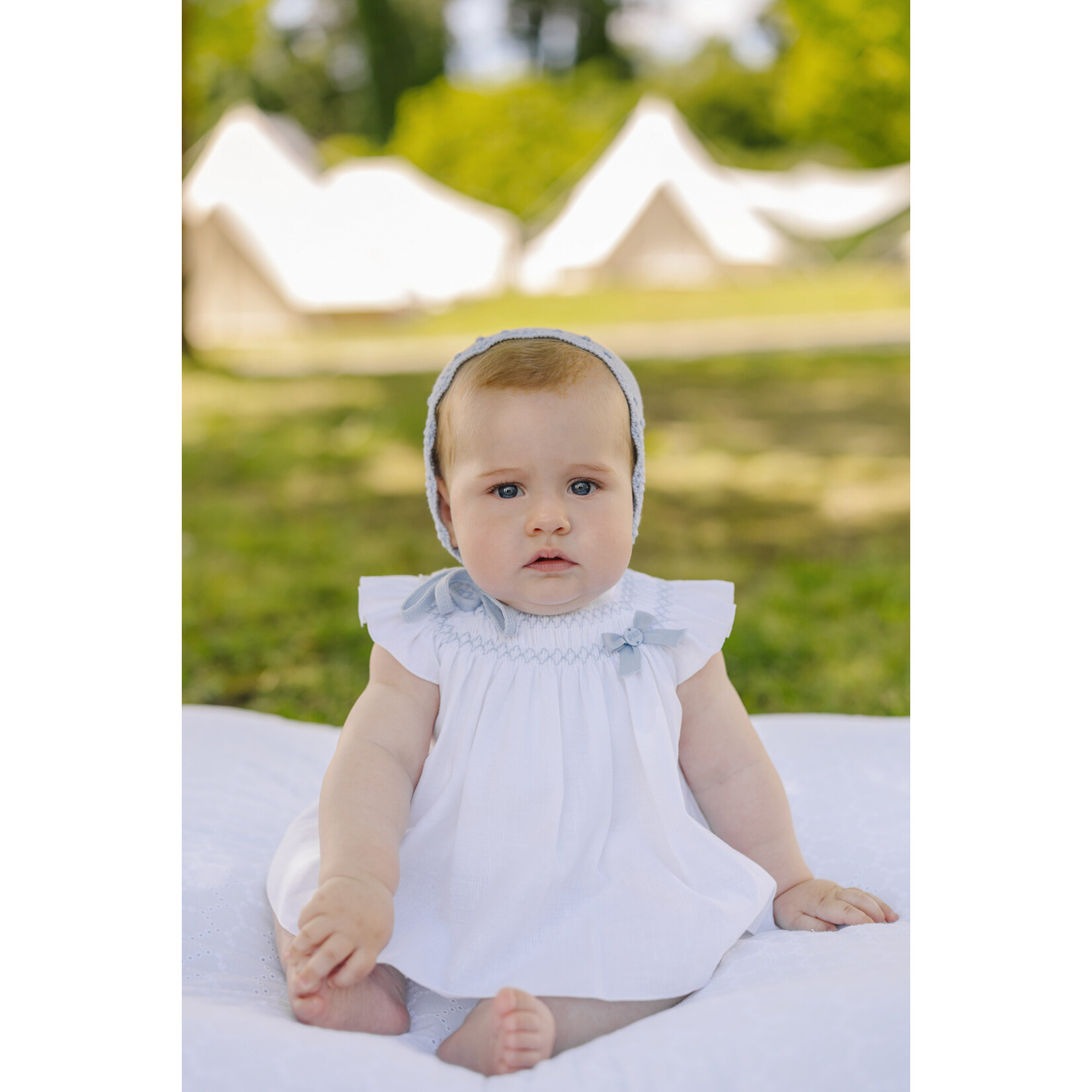 Paz Rodriguez WOVEN NEWBORN SHORT DRESS "ESPUMA V26" White/Sky Blue