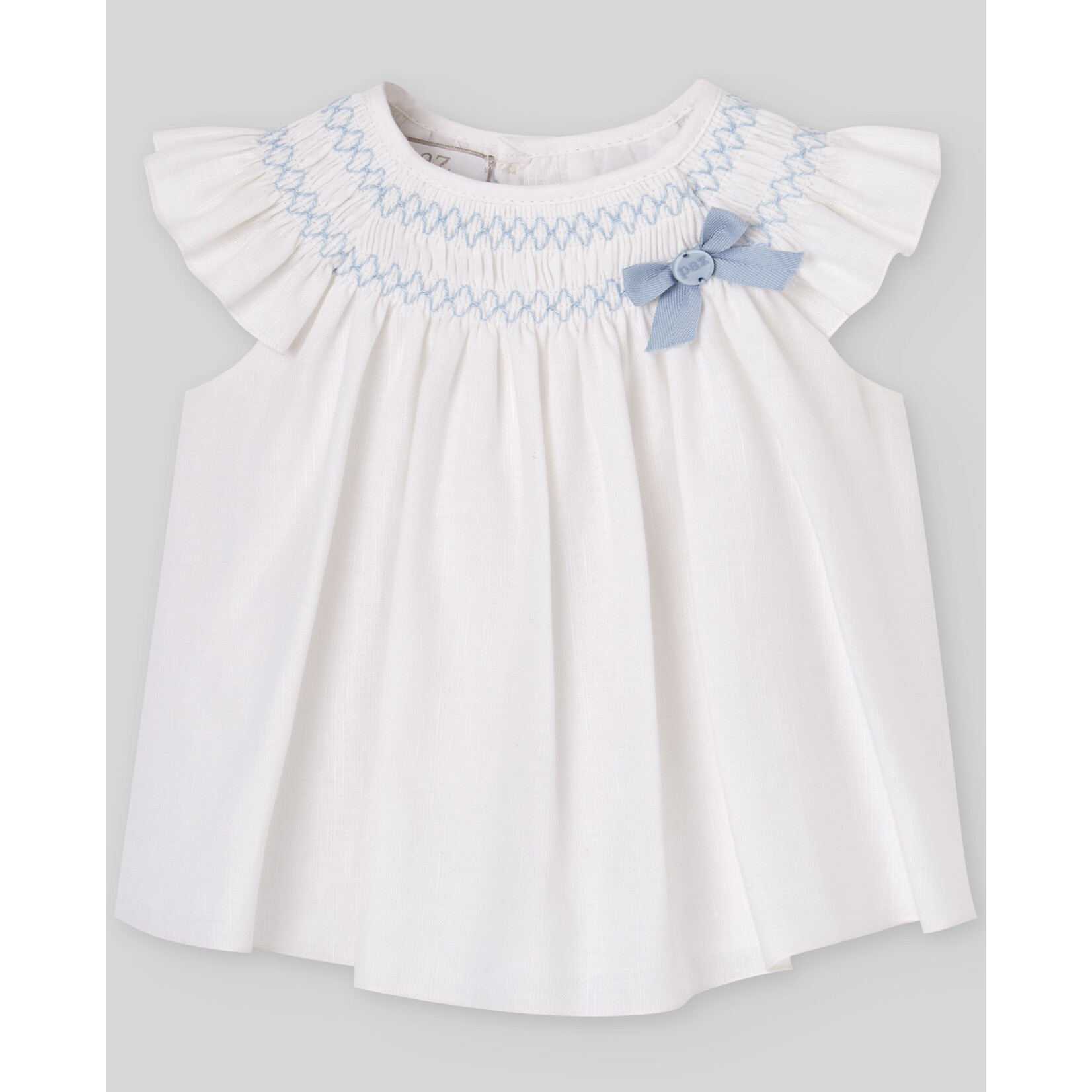 Paz Rodriguez WOVEN NEWBORN SHORT DRESS "ESPUMA V26" White/Sky Blue