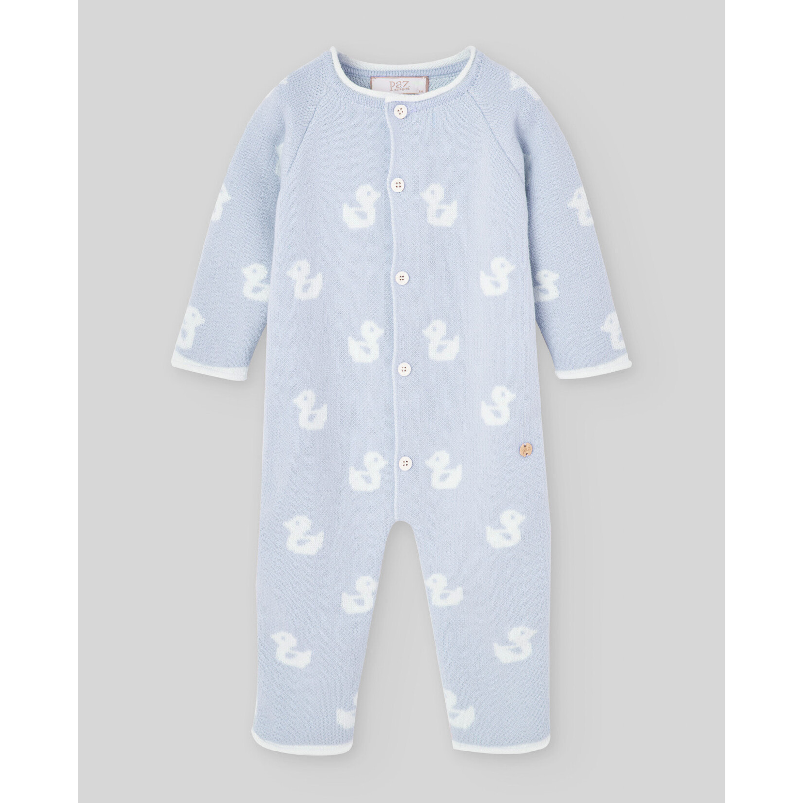 Paz Rodriguez KNIT NEWBORN ROMPER "CUA CUA" Sky Blue