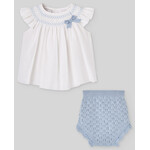 Paz Rodriguez WOVEN NEWBORN SHORT DRESS  AND PANTS "ESPUMA V26" White/Sky Blue