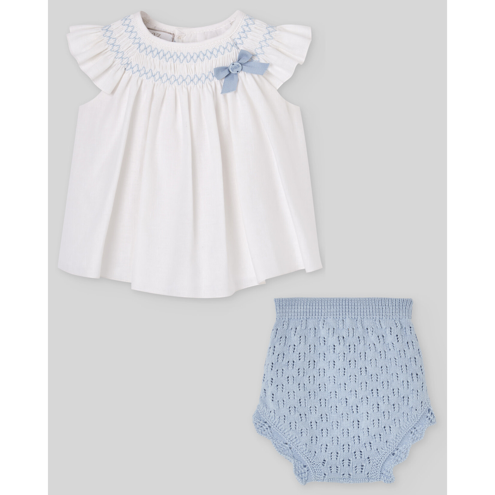 Paz Rodriguez WOVEN NEWBORN SHORT DRESS  AND PANTS "ESPUMA V26" White/Sky Blue