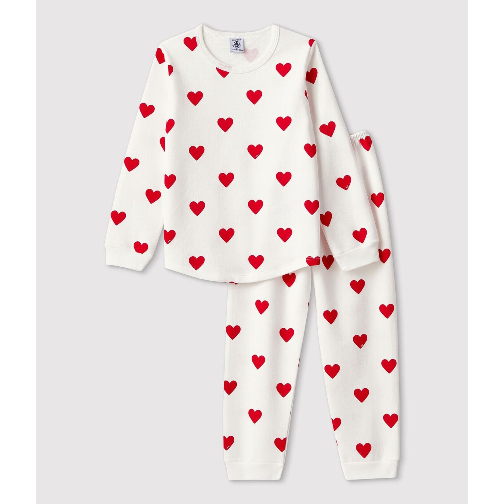 Petit Bateau Kinderpyjama van molton met hartjesprint wit/rood