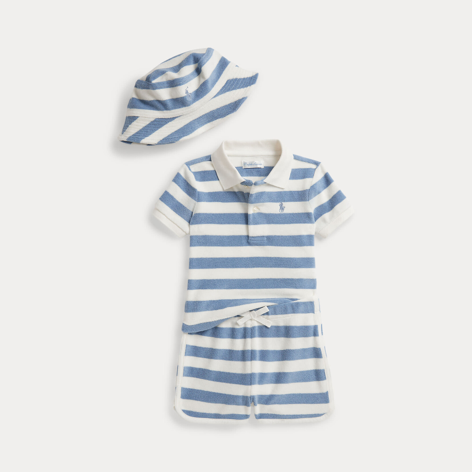 Ralph Lauren Baby Janssens: STRIPED TERRY POLO SHIRT, SHORT & HAT VESSEL BLUE 12M